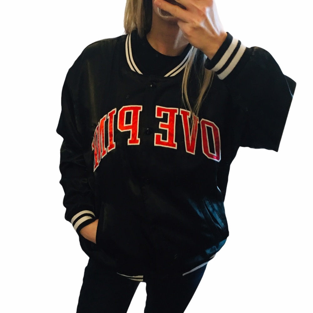 PINK Black Satin Bomber Jacket Coat Love Pink Logo